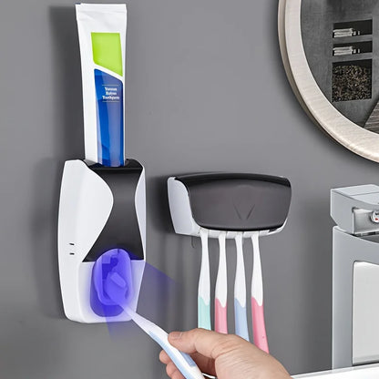 Juego de soporte para cepillos de dientes y pasta de dientes de pared con dispensador automático y vaso